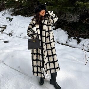Topshop mono check longline teddy coat
